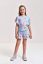 Conjunto Infantil com Blusa e Shorts em Cotton Linho – Look Menina Verão Azul com Estampa de Cachorr AZUL PORCELANA