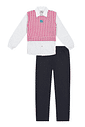 CONJ CAMISETE, LEGGING, COLETE BRANCO/PT JEANS/ROSA