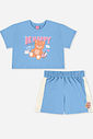 Conjunto Infantil Menina Blusa Boxy Ursinho e Short Azul
