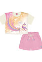 Conjunto Infantil Menina Blusa Cropped E Short Unicórnio Natural E Rosa Cinti Conjunto Infantil Menina Blusa Cropped E Short Unicórnio Natural E Rosa Cinti