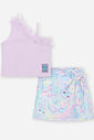 Conjunto Infantil com Blusa Cropped em Ribana e Shorts Saia Estampa Sara Salamandra – Look Menina Ve LILAS BRUMA