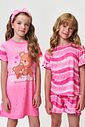 Conjunto Infantil Menina Blusa e Short Listrado Rosa em Malha Suede