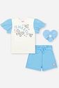 Conjunto Infantil com Blusa de Manga Tule, Shorts e Scrunchie – Look Menina Verão com Algodão NATURAL/AZ PORCELANA