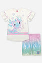 Conjunto Infantil com Blusa Estampa Sara Salamandra e Ciclista em Malha Foil – Look Menina Verão com NATURAL/RS IOGURTE