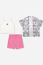 Conjunto Infantil com Top e Shorts em Moletinho com Kimono em Tule – Look Menina Verão de Cachorrinh NATURAL/RS CONFETE