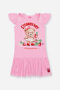 Vestido Infantil em Meia Malha com Tule Foil – Vestido Menina Verão com Estampa de Morango e Strass ROSA IOGURTE