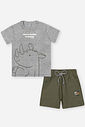 Conjunto Infantil Casual Divertido com Camiseta de Rinoceronte e Bermuda em Malha Gorgurinho MESCLA MEDIO/VD MUSGO