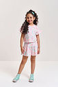 Conjunto Infantil Neon Love com Blusa Boxy e Shorts em Cotton Linho – Look Menina Verão com Estampa OFF WHITE