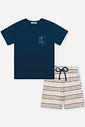 Conjunto Infantil Menino Camiseta Bordada e Bermuda Listrada Marinho