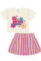 Conjunto Blusa E Saia Listrada Natural E Rosa Neon Abrange Conjunto Blusa E Saia Listrada Natural E Rosa Neon Abrange