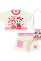 Conjunto Infantil Menina Blusa Gatinha; Short-Saia E Bolsa Strawberry Off White E Rosa Cinti