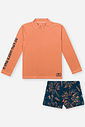 Conjunto Infantil Menino Camiseta UV e Sunga Boxer Palmas Laranja Neon