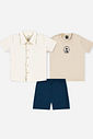 Conjunto Bebê Menino Camisa Alfaiataria Linho, Camiseta Holidays e Bermuda Marinho