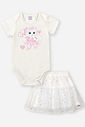 Conjunto Bebê Menina Body Gatinha e Saia Tule Hearts
