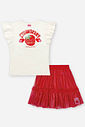 Conjunto Infantil com Blusa em Cotton e Saia Shorts com Tule Foil – Look Menina Verão com Morango e NATURAL/VM MARTE