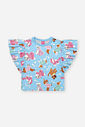 Conjunto Infantil com Blusa e Shorts em Cotton Linho – Look Menina Verão Azul com Estampa de Cachorr AZUL PORCELANA