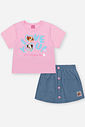 Conjunto Infantil com Blusa e Shorts Saia em Molecotton Denim – Look Menina Verão com Strass RS IOGURTE/AZ JEANS M