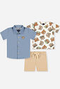 Conjunto Bebê Menino Camisa Aplique Ursinho, Camiseta Ursinhos e Bermuda Bege