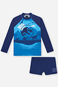 Conjunto Infantil UV Jurassic World com Camiseta e Sunga Azul