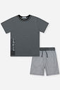 Conjunto Infantil Menino Camiseta Flamê e Bermuda Listrada Chumbo