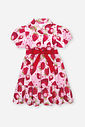 Vestido Infantil em Tricoline com Elastano Estampa de Morangos – Vestido Menina Verão com Laço ROSA IOGURTE