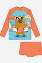 Conjunto Menino em Malha UV Camiseta e Sunga Capivara Laranja Neon