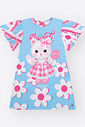 Vestido Infantil Azul com Estampa de Gatinha e Flores – Vestido Menina Mundo Cinti