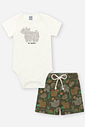 Conjunto Infantil Casual com Body de Animais da Savana e Bermuda em Moletom Linho NATURAL/VD MUSGO