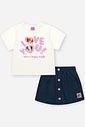 Conjunto Infantil com Blusa e Shorts Saia em Molecotton Denim – Look Menina Verão com Strass NATURAL/AZ JEANS ESCURO
