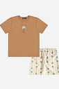 Conjunto Menino Camiseta Palma Bordada e Bermuda Marrom