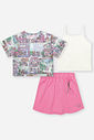 Conjunto Infantil com Regata e Shorts Saia em Moletinho com Kimono em Tule – Look Menina Verão com A NATURAL/RS CONFETE
