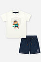 Conjunto Infantil Esportivo Divertido com Camiseta de Ursinho e Bermuda em Molecotton Denim NATURAL/AZ MARINHO