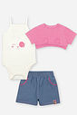 Conjunto Bebê Menina Body com Sobreposição Interativa e Shorts Denim – Look Divertido Cinti Baby NATURAL/AZ JEANS M/RS CONFETE