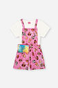 Conjunto Infantil com Blusa e Jardineira com Pochete – Look Menina Verão com Estampa de Cachorrinhos NATURAL/RS CONFETE
