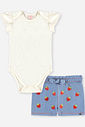 Conjunto Bebê Body com Babados e Short Jeans de Morangos