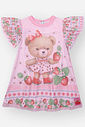 Vestido Bebê Menina Ursinha com Morangos e Manga em Tule – Vestido Infantil Delicado Berry Sweet Cin ROSA IOGURTE