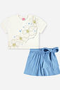Conjunto Infantil Menina Blusa Floral e Saia-Short Azul com Laço