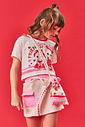 Conjunto Infantil Menina Blusa Gatinha; Short-Saia E Bolsa Strawberry Off White E Rosa Cinti