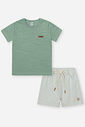 Conjunto Infantil Divertto Minimalista com Camiseta em Malha Flamê e Bermuda Listrada VD OLIVE/VD AFETO