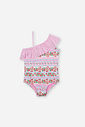 Maiô Infantil em Malha UV com Estampa de Ursinhas e Cerejas – Moda Praia Menina Verão de Um Ombro Só ROSA IOGURTE