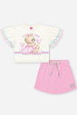 Conjunto Infantil com Blusa 100% Algodão e Shorts Saia em Moletinho – Look Menina Verão com Strass NATURAL/RS IOGURTE