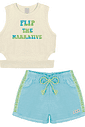 Conjunto Blusa E Short Com Recorte Natural E Azul Abrange