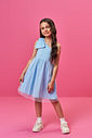 Vestido Infantil em Cotton com Tule Foil – Vestido Menina Verão de Um Ombro Só AZUL PORCELANA