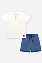Conjunto Infantil Divertto Clássico Casual com Camiseta em Meia Malha e Bermuda em Moletinho Listrad NATURAL/AZ DENIM
