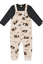 Conjunto Camiseta E Jardineira Total Print Chumbo E Bege Abrange