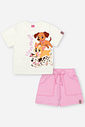 Conjunto Infantil com Blusa e Shorts em Moletinho – Look Menina Verão com Cachorrinhos OFF WHITE/RS IOGURTE