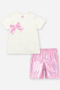 Conjunto Infantil de Blusa Laço em Meia Malha com Ciclista Metalizada NATURAL/ROSA