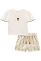 Conjunto de blusa em meia malha e shorts em linho bordado listras 98273 Kukiê Infantil Menina