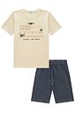 Conjunto de camiseta em meia malha e bermuda em malha denim com elastano 94574 LucBoo Infantil Menino Conjunto de camiseta em meia malha e bermuda em malha denim com elastano 94574 LucBoo Infantil Menino