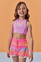 Trio de biquíni em malha poliamida com proteção UV50+ e shorts em tela fashion 96224 Kukiê Infantil Menina